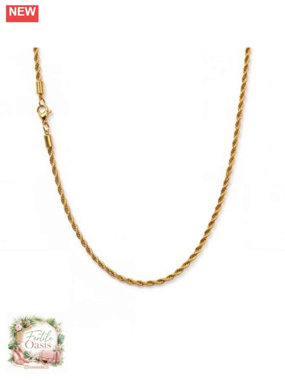 18K Gold Plated Stainless Steel Rope Chain Necklace, 3mm-22in